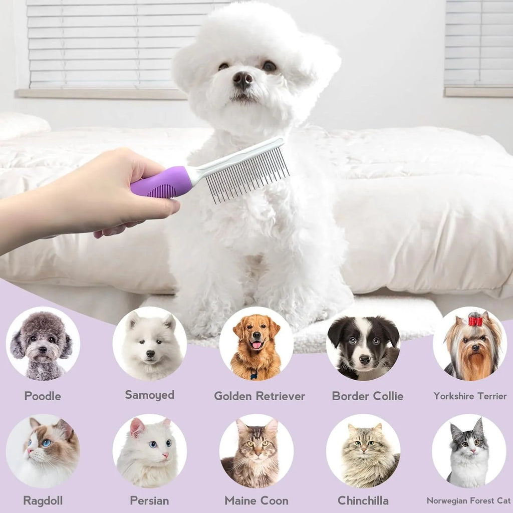 Purple handled pet grooming comb with long and short stainless steel teeth for detangling dog and cat fur.
