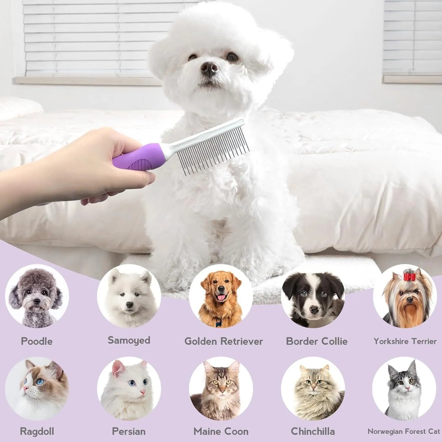 Purple handled pet grooming comb with long and short stainless steel teeth for detangling dog and cat fur.