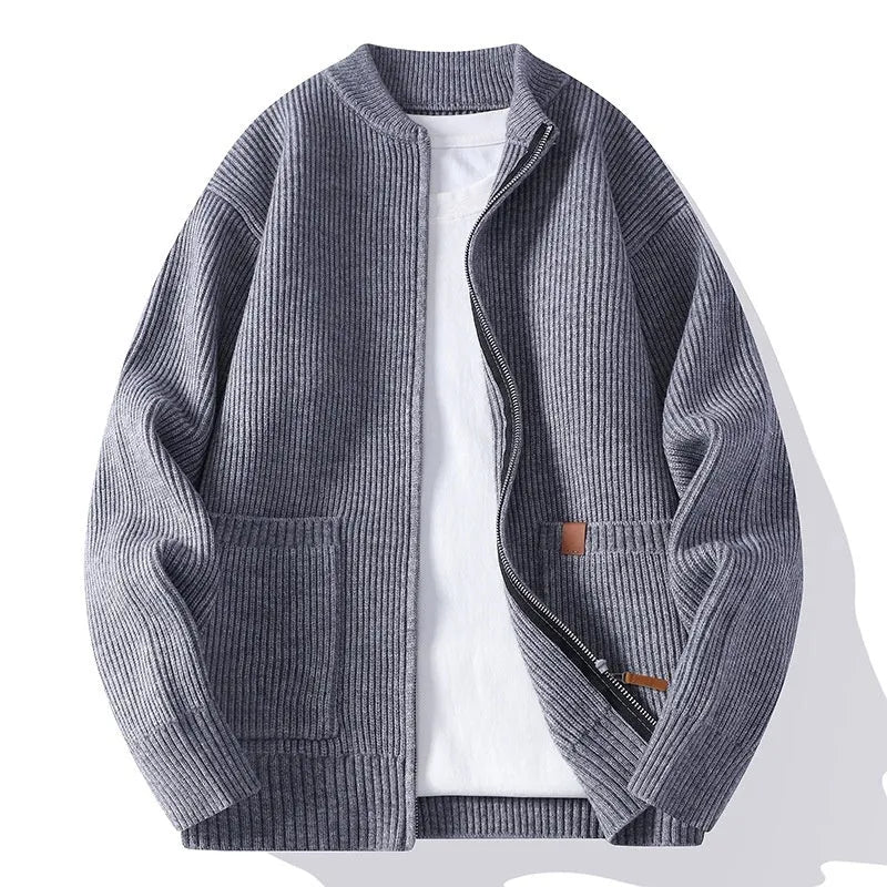 Men's striped cardigan jacket in a straight fit, shown in beige colour.