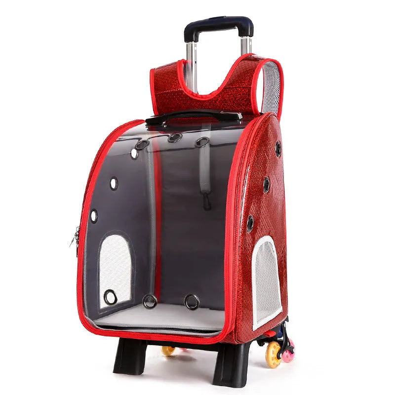 Blue pet trolley bag with transparent acrylic cover showing shoulder strap and trolley wheels
