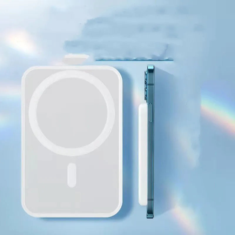 White magnetic wireless power bank with stand functionality showing 5000mAh capacity