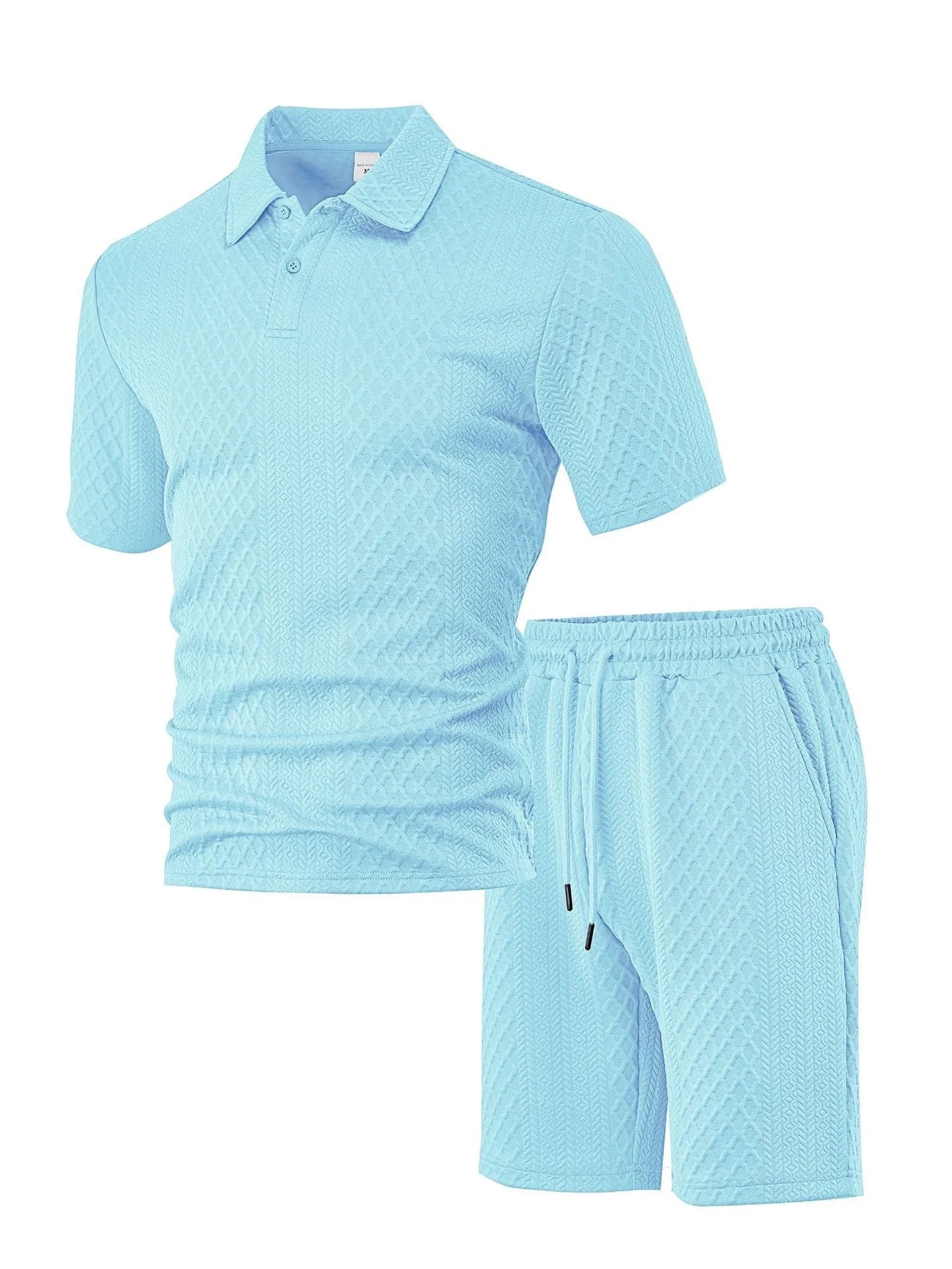Men's casual short sleeve polo suit with matching trousers in polyester figure cloth, showing colour options.
