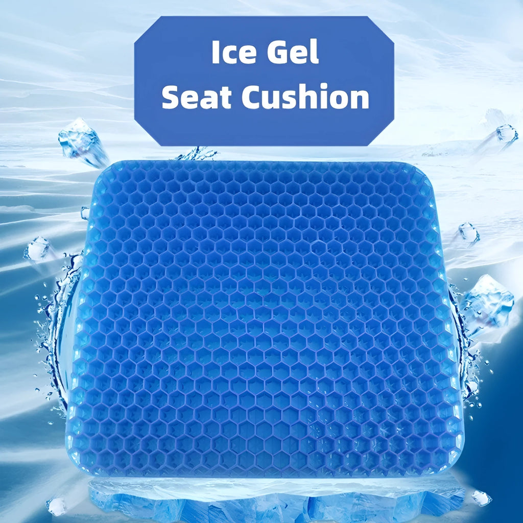 Grey honeycomb gel seat cushion with removable cover, shown on a wooden chair.