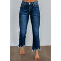 Women's dark blue cotton denim jeans with hand-distressed detailing and casual styling