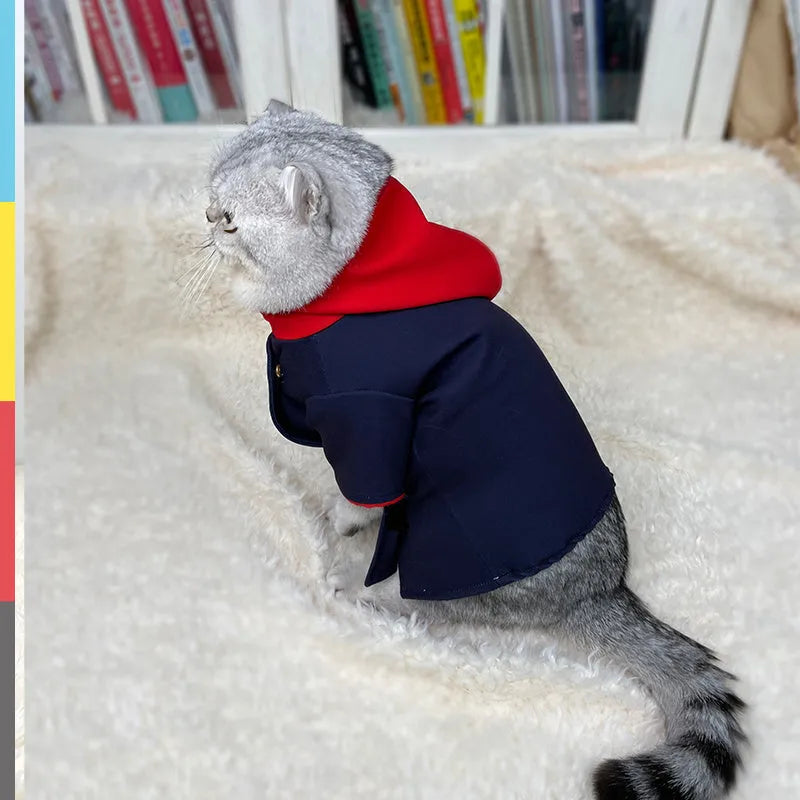 Reversible tiger stripe fleece hoodie costume for a small dog on a photo backdrop.