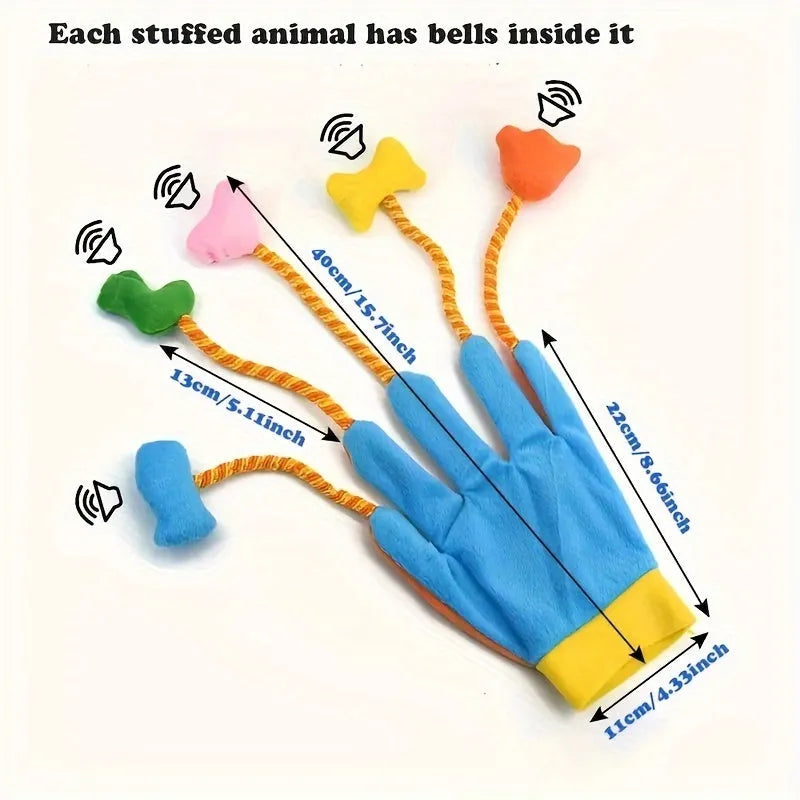 Yellow and blue interactive cat toy with plush glove design and trailing attachments measuring 40cm long