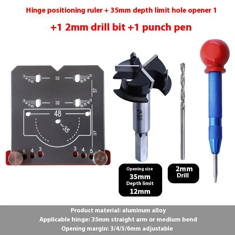 Red aluminium alloy hinge locating ruler with adjustable margin settings for 35mm cabinet door hinges.