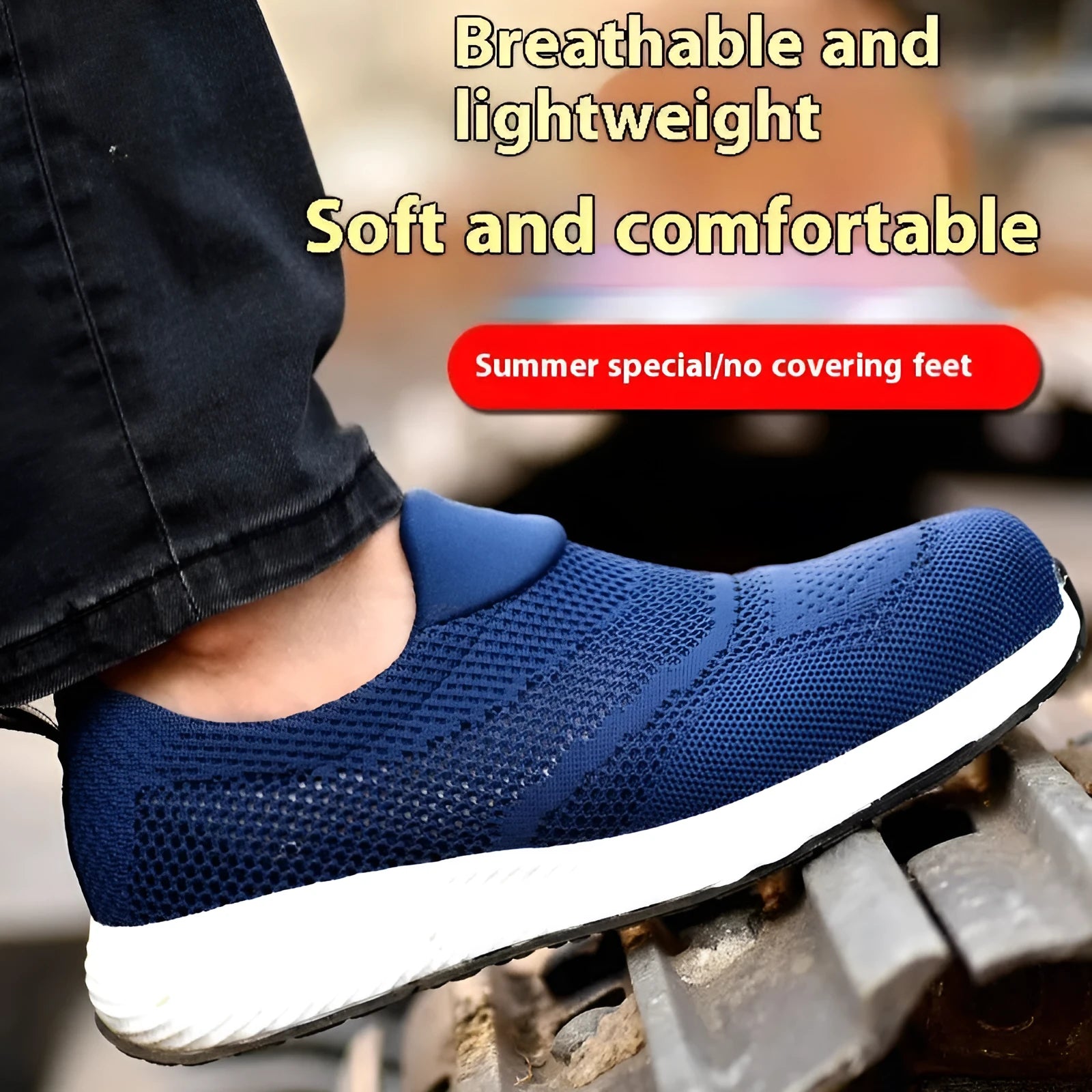 Men's low-top steel toe work shoes in black mesh with protective toe cap.