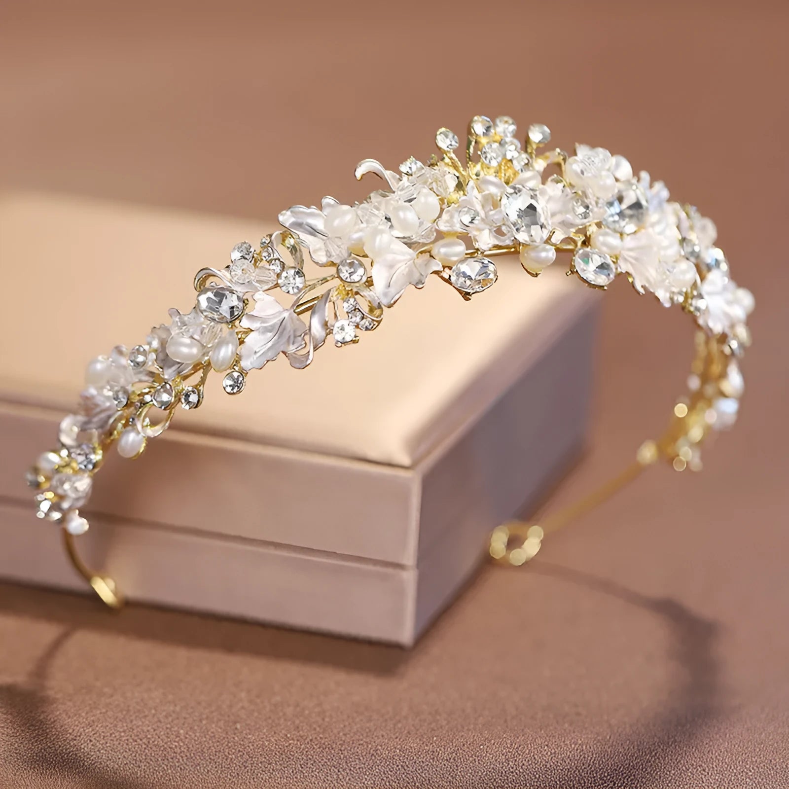Women's pearl crown headdress with electroplated alloy construction in gold or silver colour
