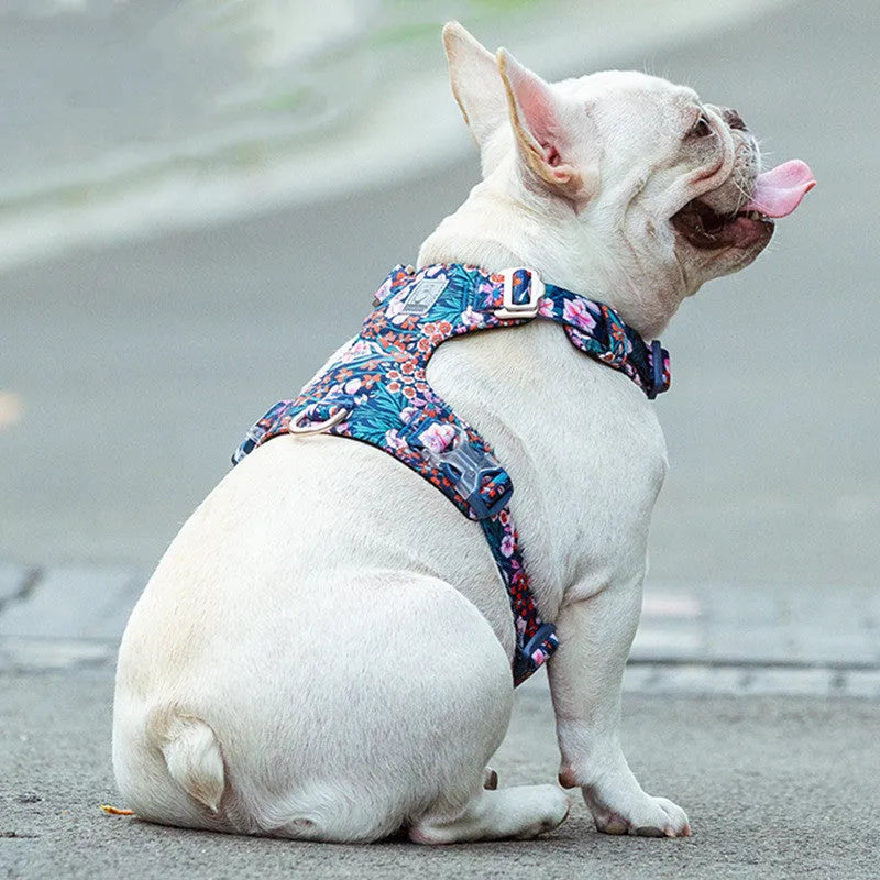 Floral pattern cotton dog harness with chest pull-resistant strap in blue, green, or red colour options