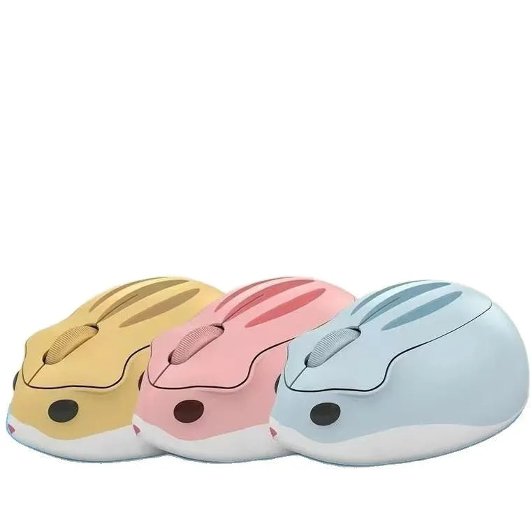 Hamster wireless Bluetooth mute mouse in yellow, pink, or grey colour, showing compact 105mm design