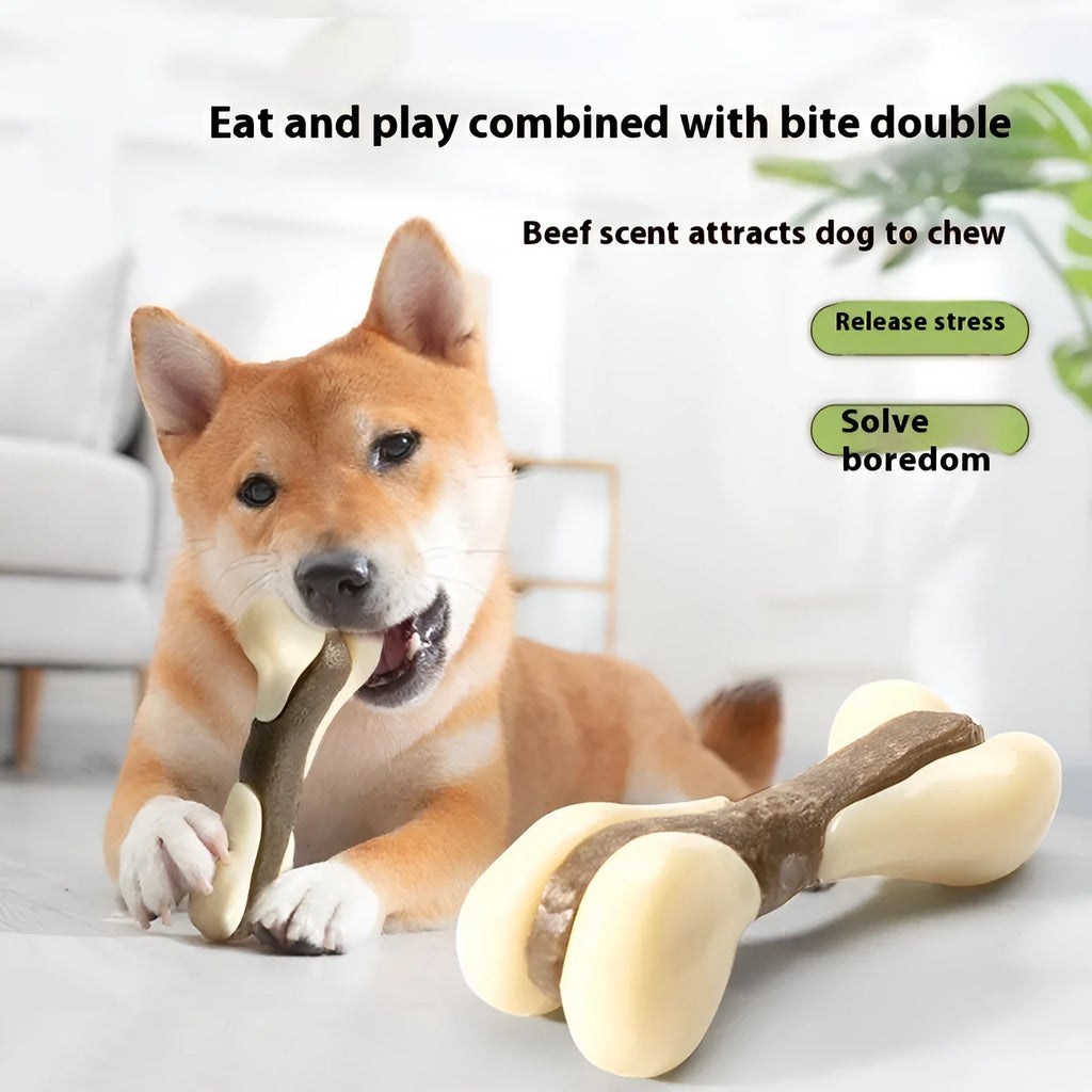 Cowhide and nylon bone-shaped dog chew toy in small and large size options