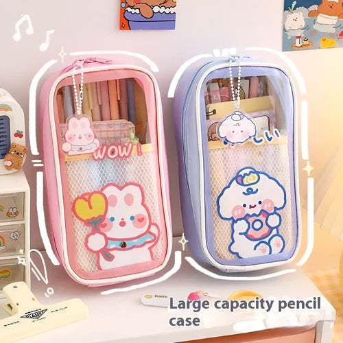 Transparent PVC pencil case with Korean cartoon pattern in vertical orientation