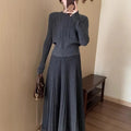 Dark grey knitted dress suit with 3D collage stitching pattern, two-piece set with ethnic style design
