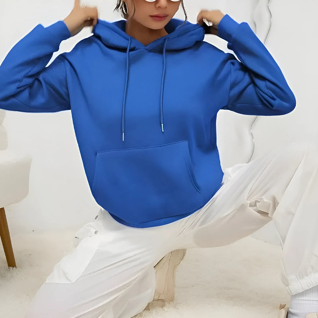 Loose fit women's sweatshirt with drawstring and pocket detail in various colour options