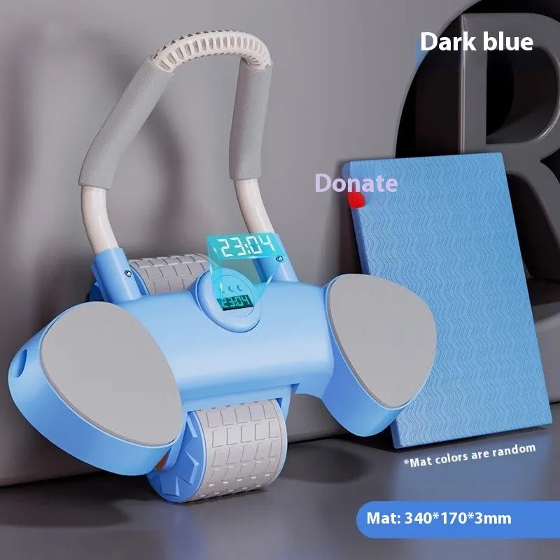 Blue abdominal exercise wheel with four wheels and integrated elbow support pads
