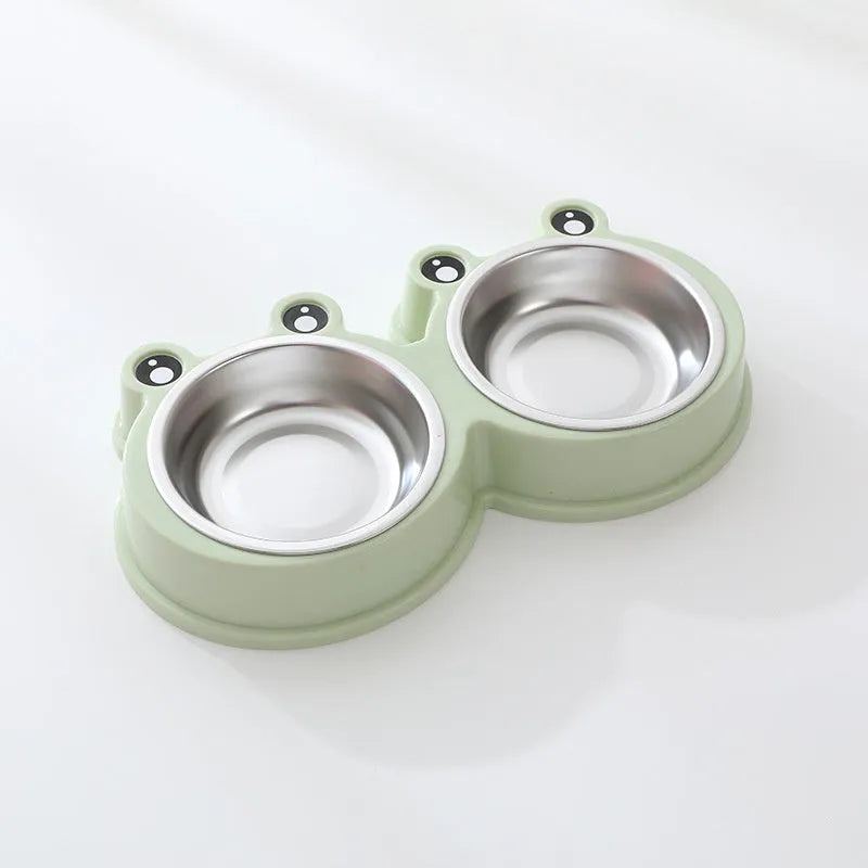 Stainless steel frog-shaped pet bowl set with separate food and water compartments