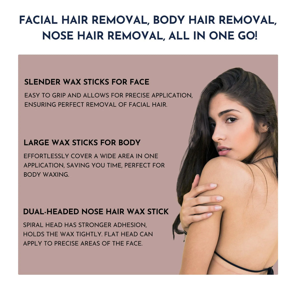 Professional waxing kit with wax warmer, five types of hard wax beans, application sticks, and post-epilation products.