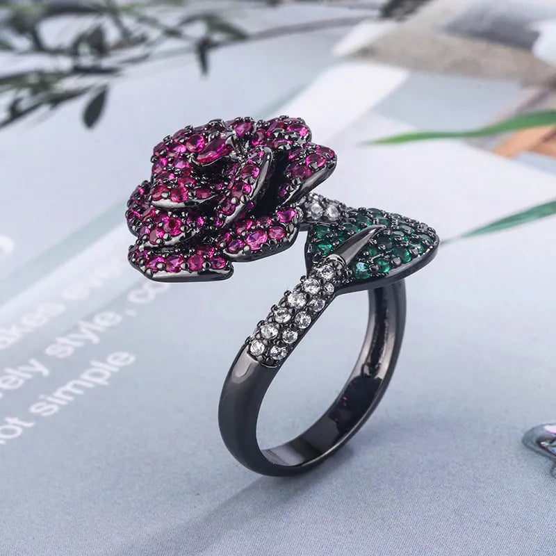 Geometric black gold floral ring with simulated red corundum stones for women