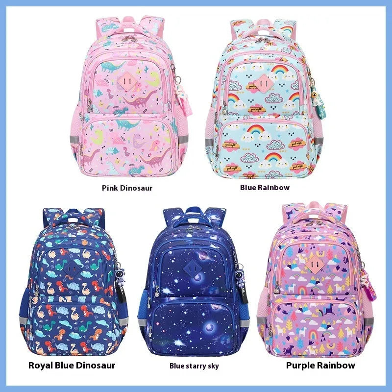 Blue children's school backpack with dinosaur print, showing curved straps and modern design.