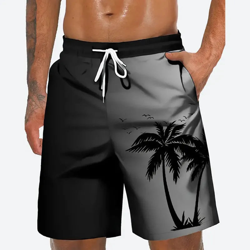 Man wearing loose-fit beige polyester beach shorts on a summer day.