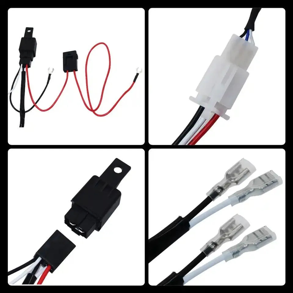 Automotive LED work light wiring harness with 2 metre silicone cable and one-to-two connector
