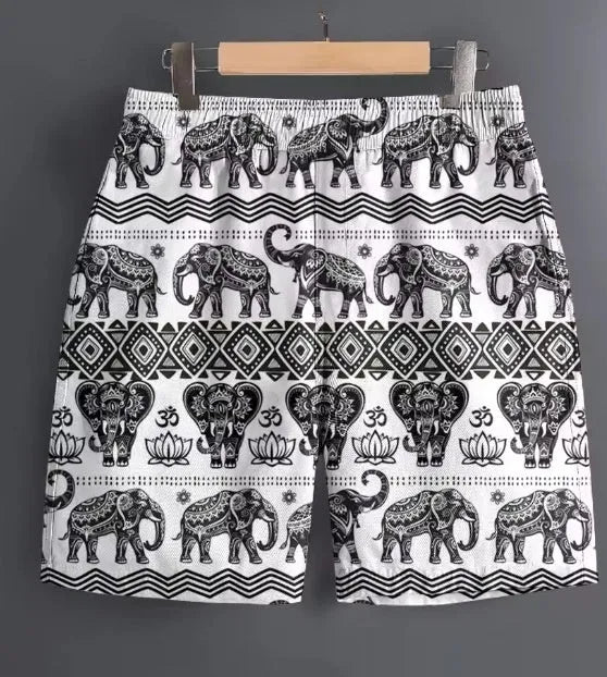 Men's striped and camouflage pattern casual polyester shorts for outdoor sports, shown in sizes S to 5XL.