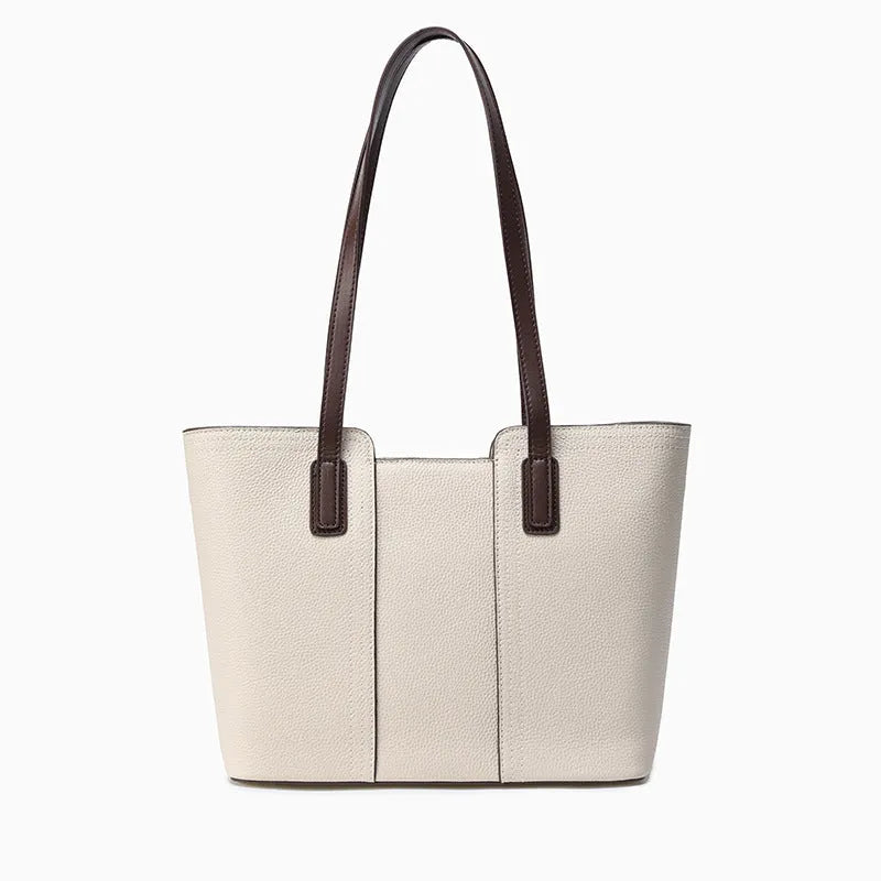 Genuine leather women's commuter shoulder bag in box-type shape with sewing line detailing and mobile phone compartment