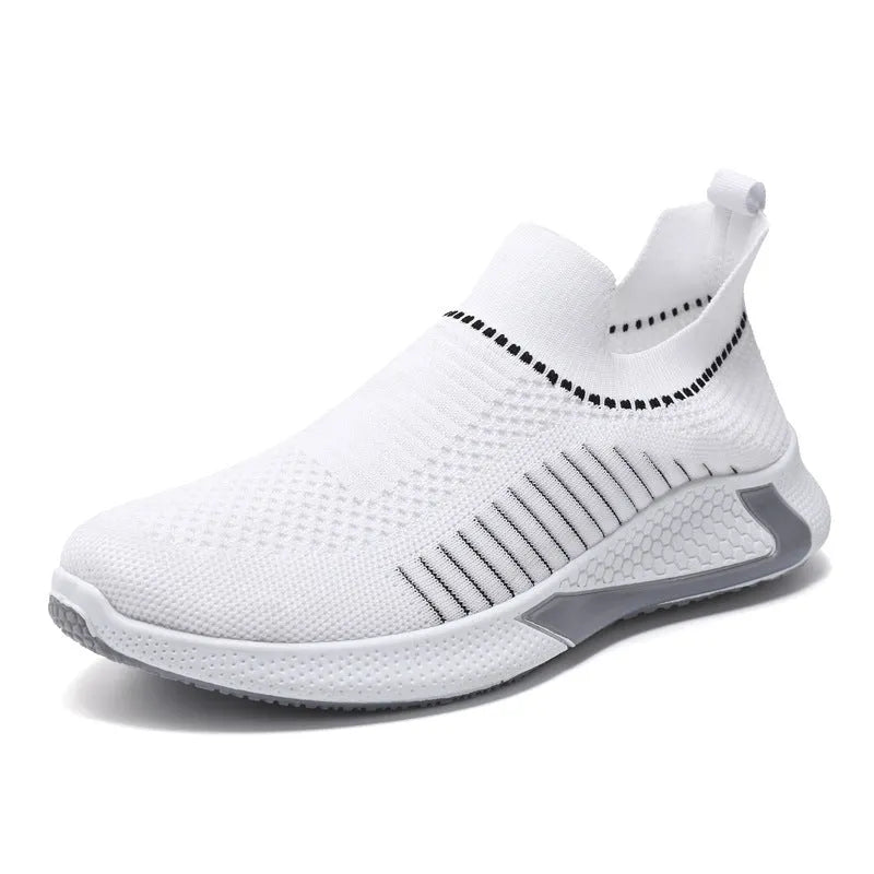 Men's mesh slip-on sneakers with striped design and front lace-up in black colour