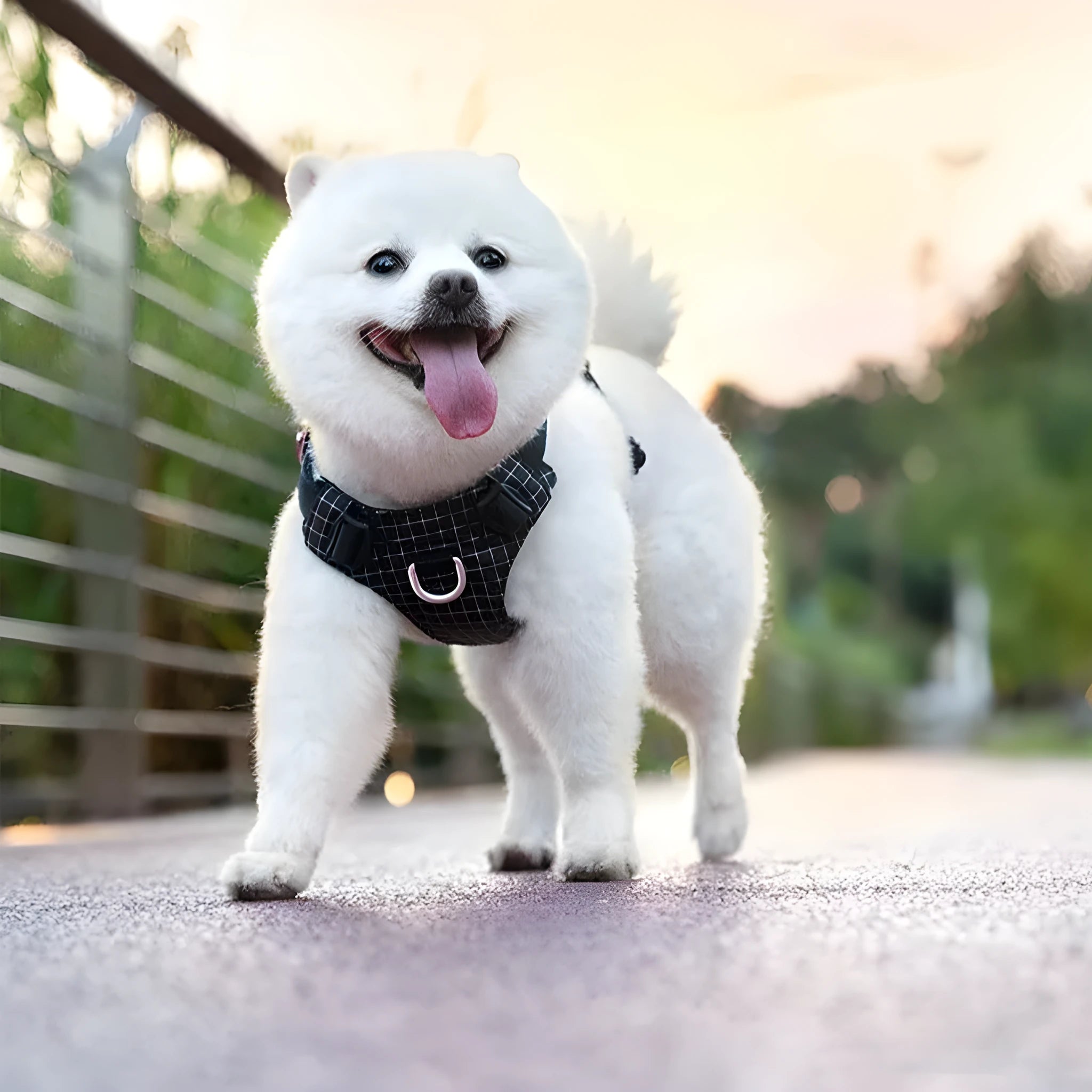 Dog wearing a nylon chest harness with integrated LED night light for evening walk safety