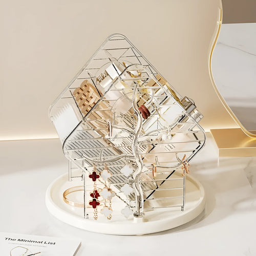 360 degree rotating plastic cosmetics storage box in Amber Gold and Clear colours for vanity organisation