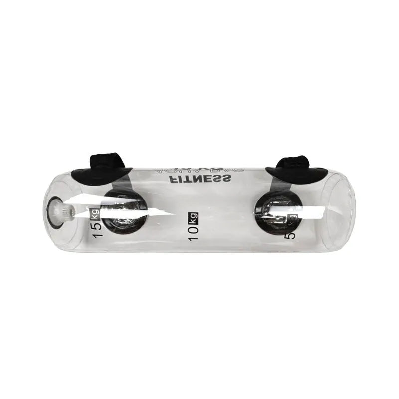 Transparent PVC inflatable weight lifting bag filled with water, showing weight scale options from 5kg to 35kg.