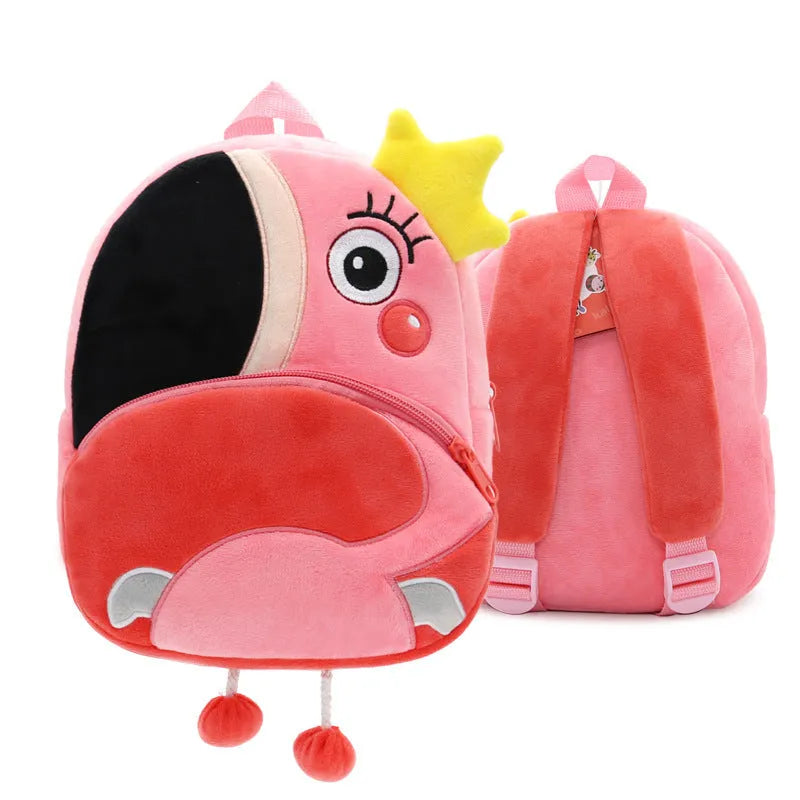 Soft plush children's backpack with cartoon animal design, showing zippered main compartment.