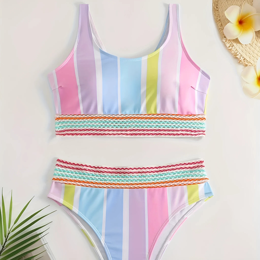 Women's striped sports casual bikini set with briefs, top and bottom shown.