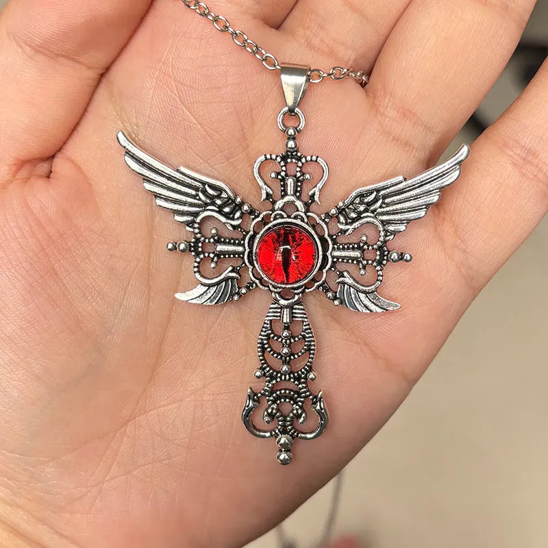 Alloy devil wings and cross geometric pendant necklace on a chain.