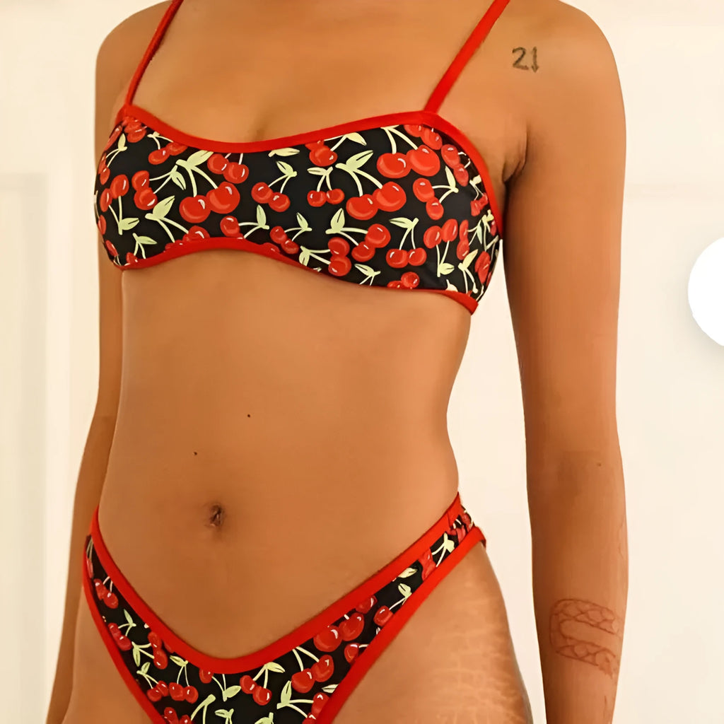 Women's cherry print tube top bikini swimsuit with briefs bottom in polyester fabric