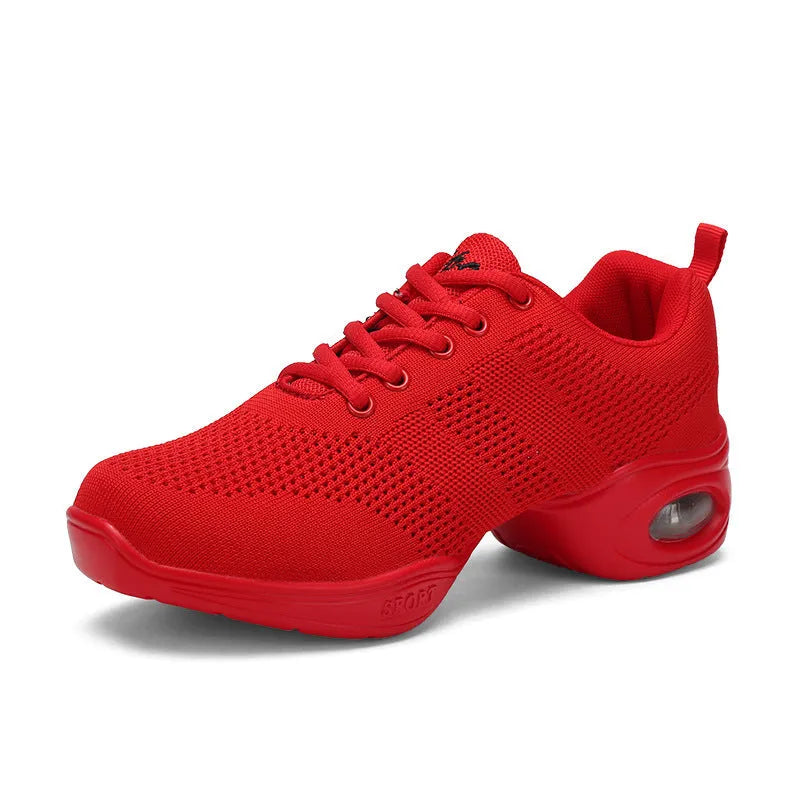 Women's Flyknit woven mesh dancing shoes with soft PU sole in multiple colour variations for summer dance and sports