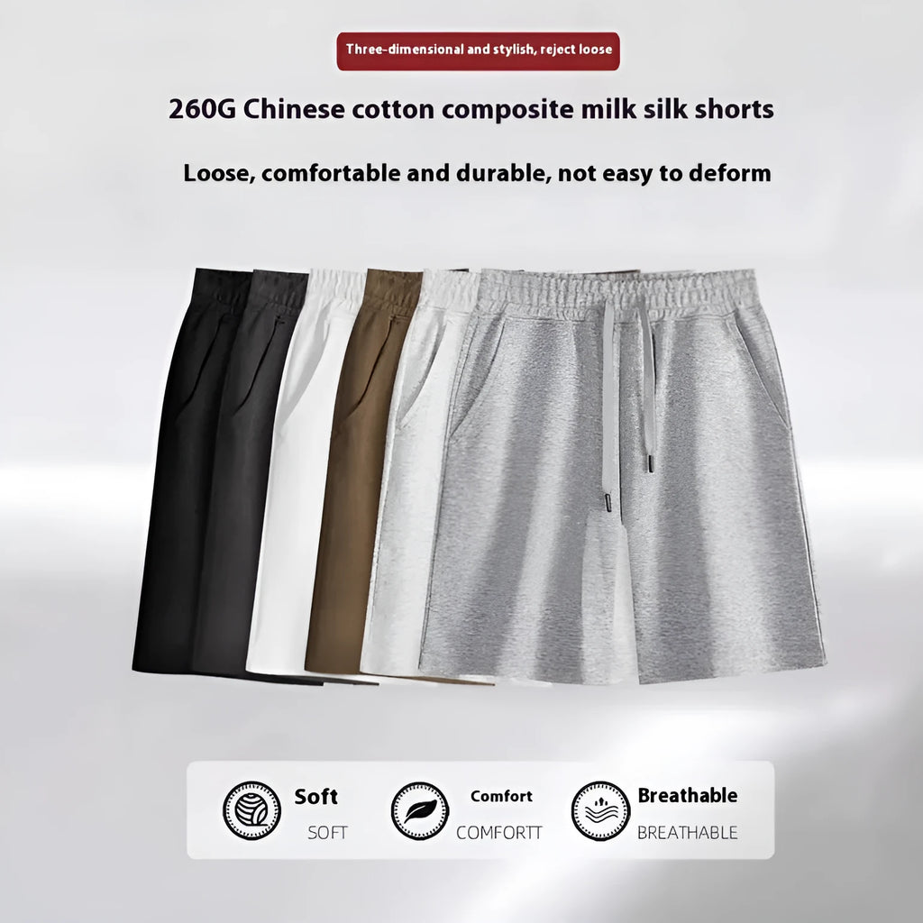 Men's straight-leg cotton summer shorts in light grey, showing fifth length and casual fit.