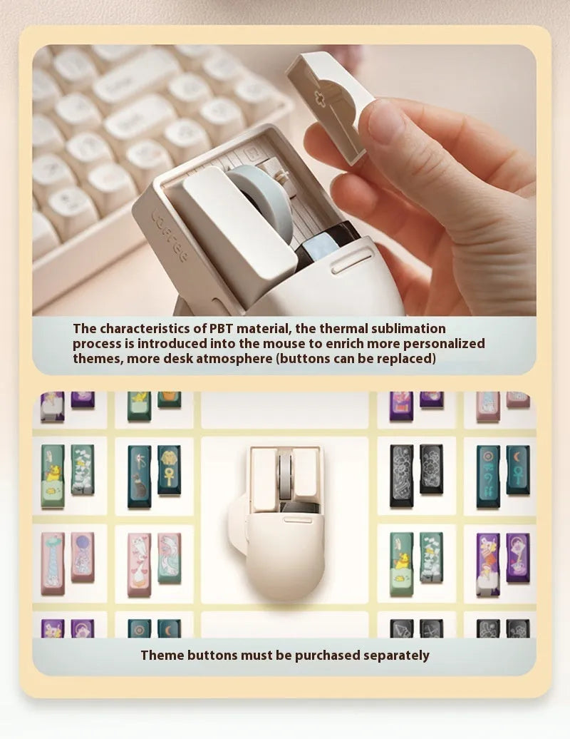 Xiaoqiao tofu colour wireless mouse with seven buttons and a scroll wheel on a desk.