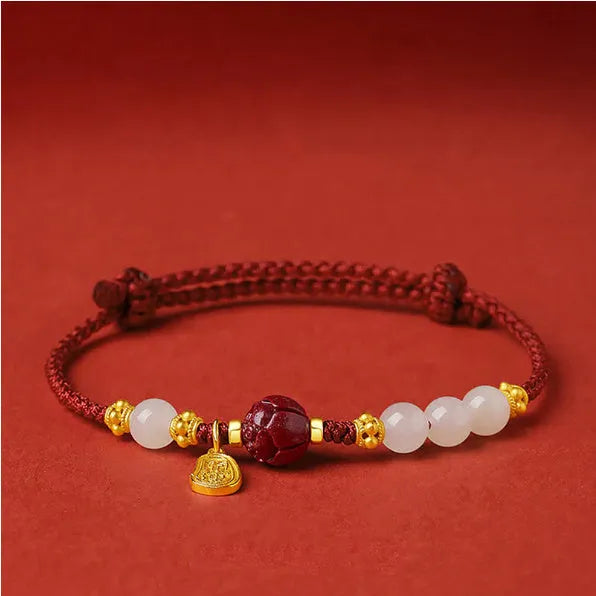 Women's Hetian jade cinnabar red rope bracelet with adjustable 925 silver chain
