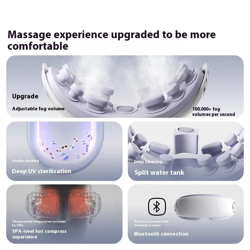 Purplish grey rechargeable Bluetooth steam eye moisturising massager on a white background