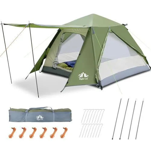Dark green instant pop up family camping tent for two people, shown pitched.