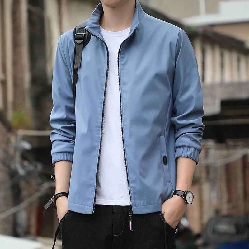 Men's Korean style loose lapel autumn jacket in black with zipper pockets