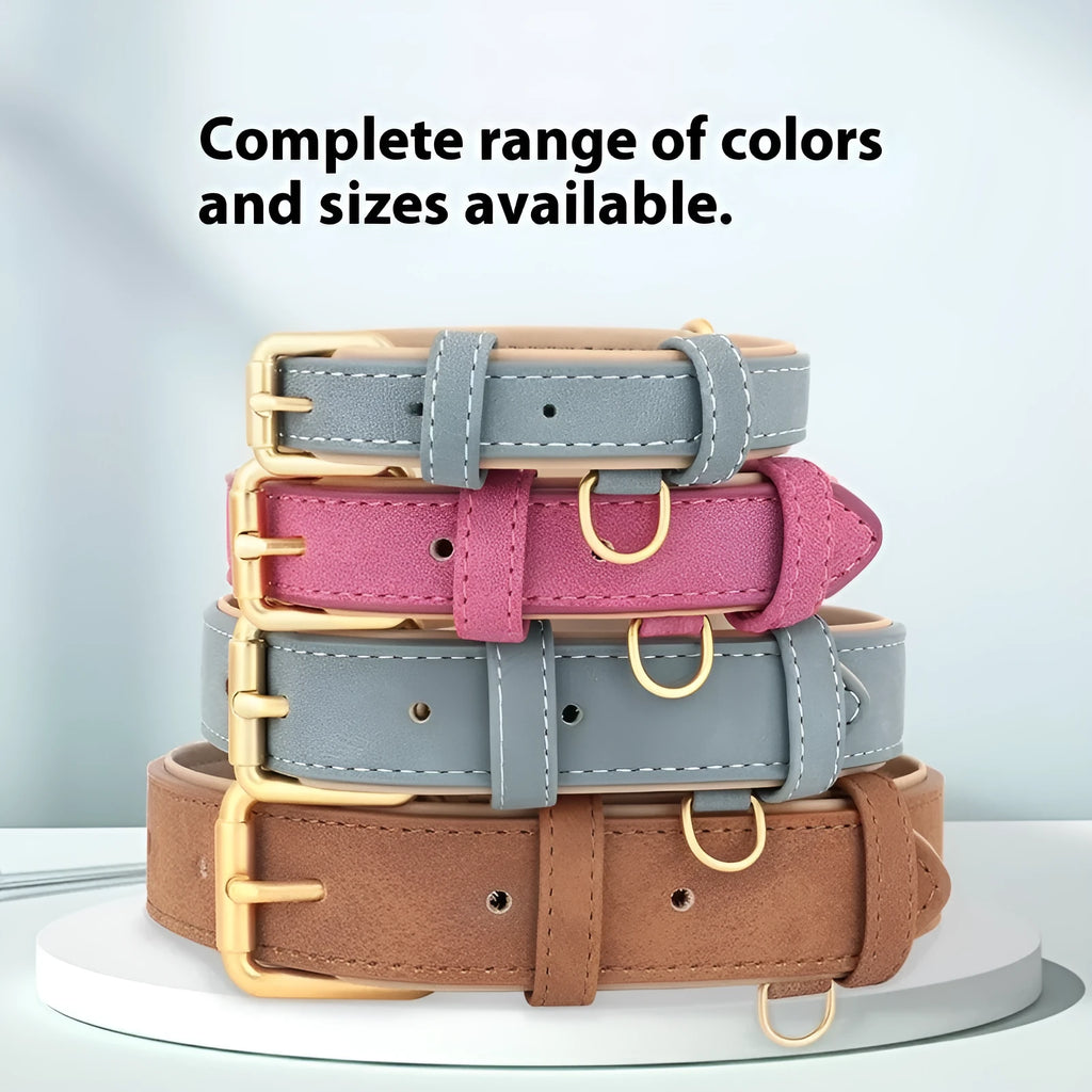 Leather dog collar with mohair lining in rose red, brown or blue with matching traction rope