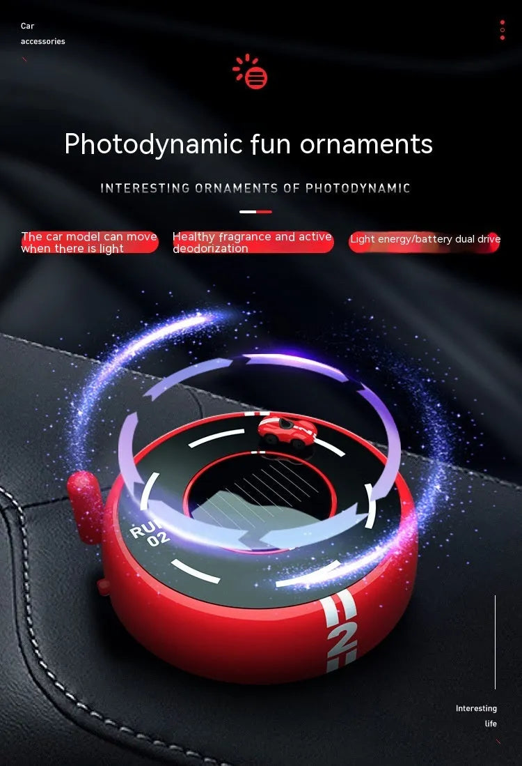 Round solar-powered car fragrance diffuser with LED lights in modern design