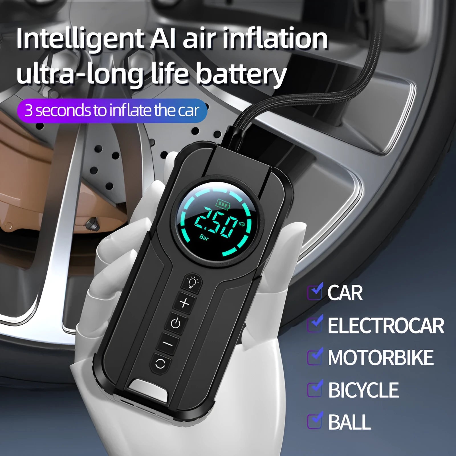 Portable wireless vehicle air pump with accessories including conversion heads and power cable
