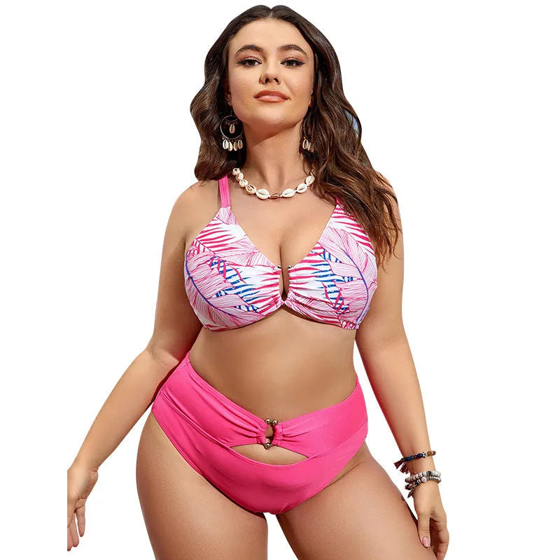 Plus size vintage floral bikini swimsuit with adjustable straps in pink colour