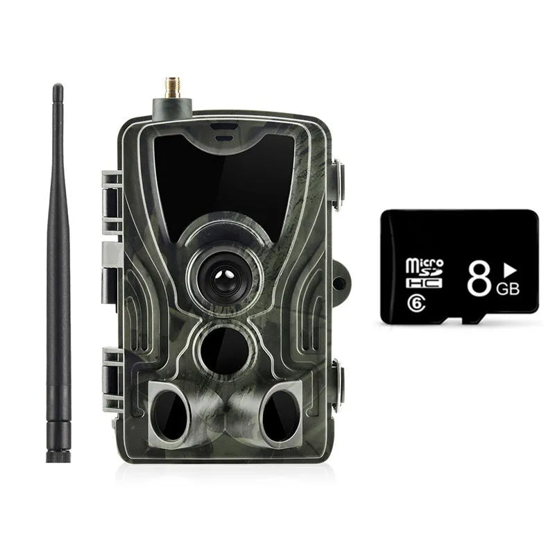 Outdoor waterproof surveillance camera with camouflage finish and wide-angle lens.