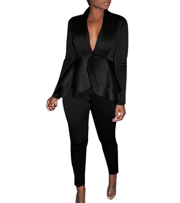 Women's ruffled blouse and pencil trousers business casual pantsuit in eight colour options