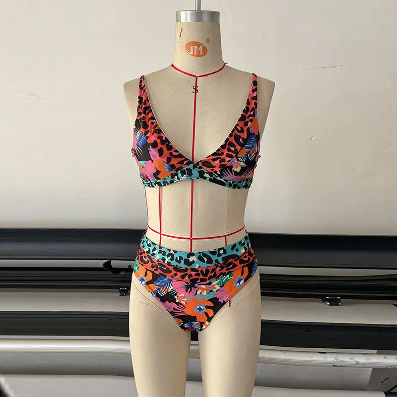 Women's floral print high-waist bikini swimsuit set in polyester.